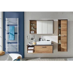 BAY Complete badkamer: Kledingkast+zuil+meubel met wastafel+spiegels - Eiken en betonmelamine - L186 x D53 x H198 cm - TRENDTEAM