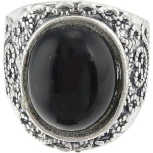 Behave - Ring - Vintage Antiek Zilverkleurige Ring met Zwarte Steen – Bohemian & Klassiek 16mm