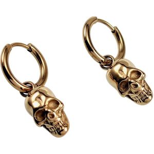 Ø14mm x 2mm Oorringen Unisex - RVS Gold Plated - Oorbellen met Schedelkop Hanger