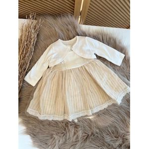 mouwloze jurk met jasje-vintage jurk-linnen jurk met tule-bruidsjurk-doopjurk-doopkleding-tweedelige set- bruidsmeisjes-doopsel-bruiloft-verjaardag-fotoshoot-beige wit taupe kleur -3 tem 6 maanden