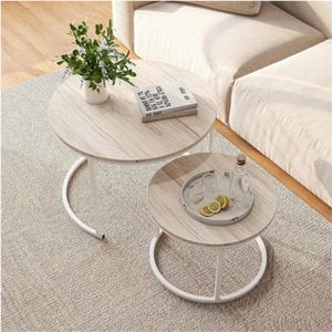 Ronde Salontafel Woonkamer - Eiken Salontafel Nesttafel Set van 2 - Metalen Frame/Houten Banktafel - Stevige en Eenvoudige Montage - Moderne Stapeltafel voor Slaapkamer, Kantoor, Balkon - Wit