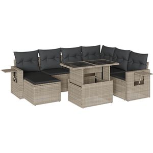 The Living Store 8-delige Loungeset met kussens poly rattan lichtgrijs - Loungeset - Lounge - Tuinmeubelen - Outdoor Furniture - Teak