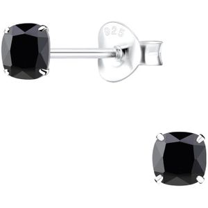 Joy|S - Zilveren vierkant oorbellen - 4 mm - cushion - zwart zirkonia