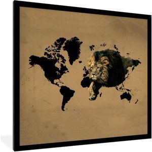 Fotolijst incl. Poster - Wereldkaart - Leeuw - Bruin - 40x40 cm - Posterlijst