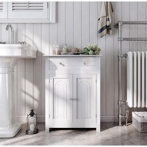 badkamermeubel, badkamermeubel met lade en verstelbare plank, landelijke keukenkast, houten opbergkast, wit, 60 x 80 x 30 cm (B x H x D), BBC61WT