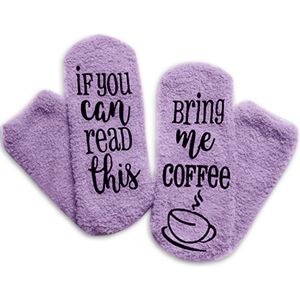 Malinsi Koffie Sokken Fluffy - Huissokken - Dames - Paars - One size - Anti slip - Cadeau voor haar - Grappig - Housewarming - Verjaardag - Moederdag