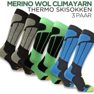 Norfolk Skisokken - 3 Paar - Merino wol Climayarn - Antiblaren - Anti Zweet Thermosokken - Skisokken met Schokabsorptie Zonedemping - Warm en Droog - Maat 43-46 - Zwart/Blauw/Groen - Aspen