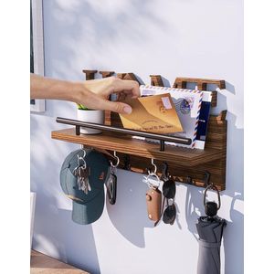 Sleutelhouder voor aan de muur met huisdecoratie, wandrek van hout voor sleutelplank, organizer met 7 sleutelhaken, rustieke wandorganizer met plank, bruin