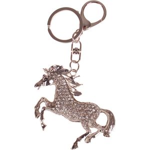 Tashanger/Sleutelhanger Zilverkeurig Steigerend Paard met Strass steentjes - Metaal - 7,5x6cm