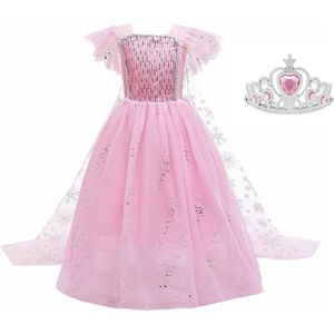 Elsa jurk roze Classic Deluxe 116-122 (130) - lange sleep + kroon Prinsessen jurk verkleedkleding verkleedjurk