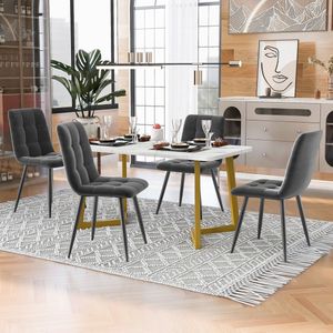 Sweiko 117cm Eettafel met 4-stoelen set, rechthoekige eettafel moderne keuken tafel set, eetkamer stoel donkergrijs fluweel keuken stoel, gouden tafelpoten