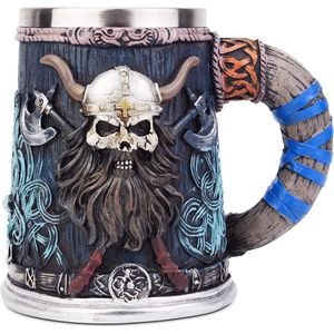 Viking Stainless Steel One-Handed Horn Skull Beer Mug, Nordic Viking Warrior Skull Mug Jug 17 oz, Halloween Bar Drinkware Men's Gift