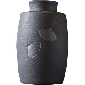 Extra Grote Keramische Urn - Zwart - Ingegraveerde Bladeren - 1550 ml