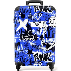 NoBoringSuitcases.com® - Handbagage koffer lichtgewicht - Reiskoffer trolley - Zwarte en witte graffiti op blauwe achtergrond - Rolkoffer met wieltjes - Past binnen 55x40x20 en 55x35x25