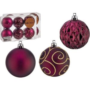 Krist+ gedecoreerde kerstballen -12x st - wijn rood/bordeaux- kunststof - 6 cm