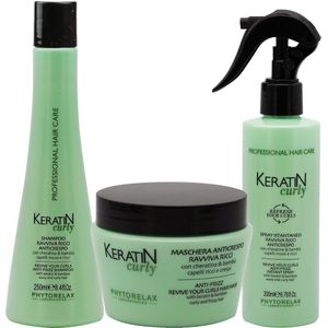 Phytorelax Keratin Curly Care Anti-Frizz Shampoo + Haarmasker + Haarspray Voordeelverpakking - voor Krullend, Golvend of Pluizig Haar - met Keratine & Bamboe - 700ml