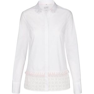 Dames blouse wit met lichtroze borduurwerk accenten aan mouw en hals volwassen lange mouw katoen luxe chic maat 40