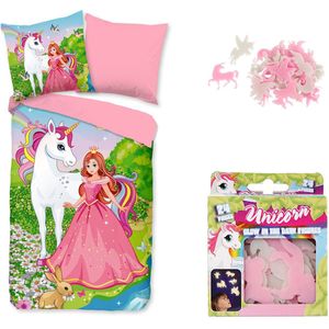 Dekbedovertrek Unicorn Prinses- Eenhoorn- Roze- 140x200/220- Katoen- incl. set figuurtjes glow in the dark !