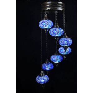 Turkse Lamp - Hanglamp - Mozaïek Lamp - Marokkaanse Lamp - Oosters Lamp - ZENIQUE - Authentiek - Handgemaakt - Kroonluchter - Blauw - 7 bollen