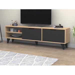 Vente-unique Tv-meubel met 2 deuren en 2 nissen - Zwart en naturel - CORENIA L 180 cm x H 47 cm x D 35 cm