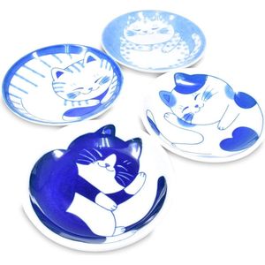 Mini Side Specerij Bord Sushi Sojasaus Fruit Cake NEKOCHIGURA Cat Design 99 cm 4 Patronen Set - Japanse Mino Ware