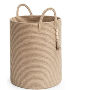 Hoge rieten wasmand met handgrepen - Boho opbergmand voor woonkamer, slaapkamer, entree en badkamer