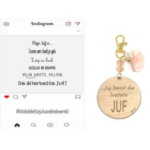 Sleutelhanger en kaartje JUF | roze | instagram | jij bent de liefste | liefste juf | topjuf | einde schooljaar | cadeau