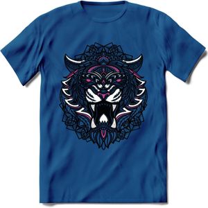 Tijger - Dieren Mandala T-Shirt | Roze | Grappig Verjaardag Zentangle Dierenkop Cadeau Shirt | Dames - Heren - Unisex | Wildlife Tshirt Kleding Kado | - Donker Blauw - S