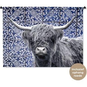 Wandkleed - Wanddoek - Delfts blauw - Schotse hooglander - Zwart - Wit - 150x112 cm - Wandtapijt