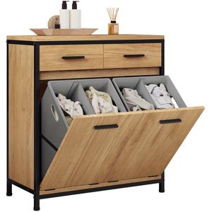 Dutchers® Badkamerkast met 2 Wasmanden – Opbergkast met 2 Lades – Waskast met Metalen Frame – Wasverzamelaar & Meubel in Licht Eiken/Zwart – 72,5x80x34 cm