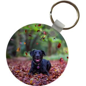 Sleutelhanger - Zwarte Labrador Retriever die tussen mooie herfstbladeren ligt - Plastic - Rond - Uitdeelcadeautjes