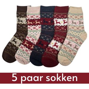 Winkrs - 5x Kerstsokken met Rendieren voor dames/meisjes - maat 35-39 Winter Sokken set