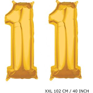Mega grote XXL gouden folie ballon cijfer 11 jaar.  leeftijd verjaardag 11 jaar. 102 cm 40 inch. Met rietje om ballonnen mee op te blazen.