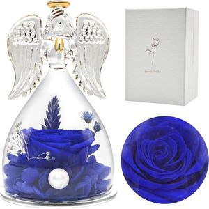 Eeuwige Roos met Engel Figuur, Geschenken voor Vrouwen, Verjaardagscadeau voor Vrouwen, Geschenken voor Moeder/Oma, Eeuwige Roos in Engelen Glazen Koepel, Moederdag Geschenken (Blauw)