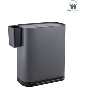 LifeStages - Pedaalemmer 60 Liter - Met 2 Compartimenten Met Extra Vak - Vrijstaand Met Deksel Inclusief Binnenemmer - Voor De Keuken - Grijs