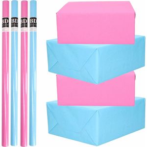 8x Rollen kraft inpakpapier pakket roze en blauw babyshower/geboorte/gender reveal 200 x 70 cm/cadeaupapier/verzendpapier