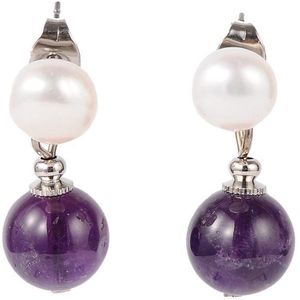 Zoetwater parel oorbellen met edelsteen Pearl Stud Amethyst - oorstekers - echte parels - amethist - wit - paars