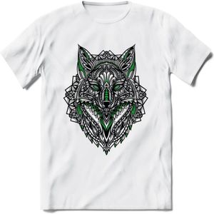 Vos - Dieren Mandala T-Shirt | Groen | Grappig Verjaardag Zentangle Dierenkop Cadeau Shirt | Dames - Heren - Unisex | Wildlife Tshirt Kleding Kado | - Wit - L