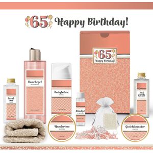 Geschenkset “65 Jaar, Happy Birthday!” - 9 producten - 790 gram | Luxe Cadeaubox voor haar - Wellness Pakket Vrouw - Giftset Vriendin - Moeder - Cadeaupakket Collega - Cadeau Zus - Verjaardag - Gefeliciteerd Cadeau - Goud - Zalmroze