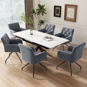 Set van 6 eetkamerstoelen met ruitpatroon, gestoffeerde fauteuil met 4 metalen poten, moderne loungestoel, woonkamerstoel voor slaapkamer, studeerkamer en bureau, lendensteun, fluweel, grijs