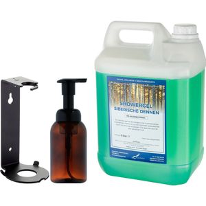 Zeepdispenser 300 ml amber bruin hervulbaar + 5 liter Showergel Siberische Dennen navulling (inclusief beugel)