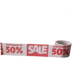 Kortpack - Afzetlint van Papier 75mm breed x 20mtr - Met Opdruk: Sale/ Korting tot 50% - (026.0856)