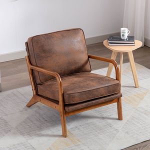 Sweiko Houten Frame Fauteuil, Moderne Stijl woonkamer lounge stoel, Koffiekleur, massief houten frame en benen, gebogen armleuning