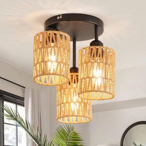 Led plafondlamp met 3 vlammen - Rotan hanglamp met vintage bamboe rieten lampshade voor woonkamer - Slaapkamer - Keuken - Hal