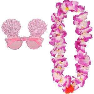 Tropische Hawaii party verkleed accessoires set - schelpen zonnebril - en bloemenkrans roze - voor dames