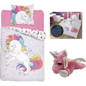 Dekbedovertrek Unicorn- Glow in the Dark- katoen- 140x200- incl. pluche unicorn knuffel 22cm.