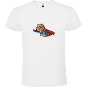 Wit t-shirt met grote print 'Vliegende Superheld Teddybeer' size XS