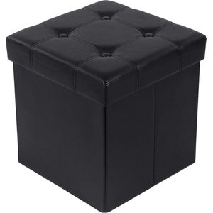 VASA® Zitbank Hocker zwart kunstleer 38x38x38cm | Opbergruimte met deksel | Opvouwbare poof vierkant zitblok