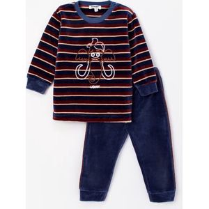 Woody pyjama velours baby unisex - bruin-donkerblauw gestreept - mammoet - 232-10-PLC-V/922 - maat 56