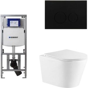 QeramiQ Dely Toiletset - 36.3x51.7cm - diepspoel - rimless - Geberit UP320 Burda inbouwreservoir - softclose toiletzitting - mat zwarte bedieningsplaat - ronde knoppen - wit glans